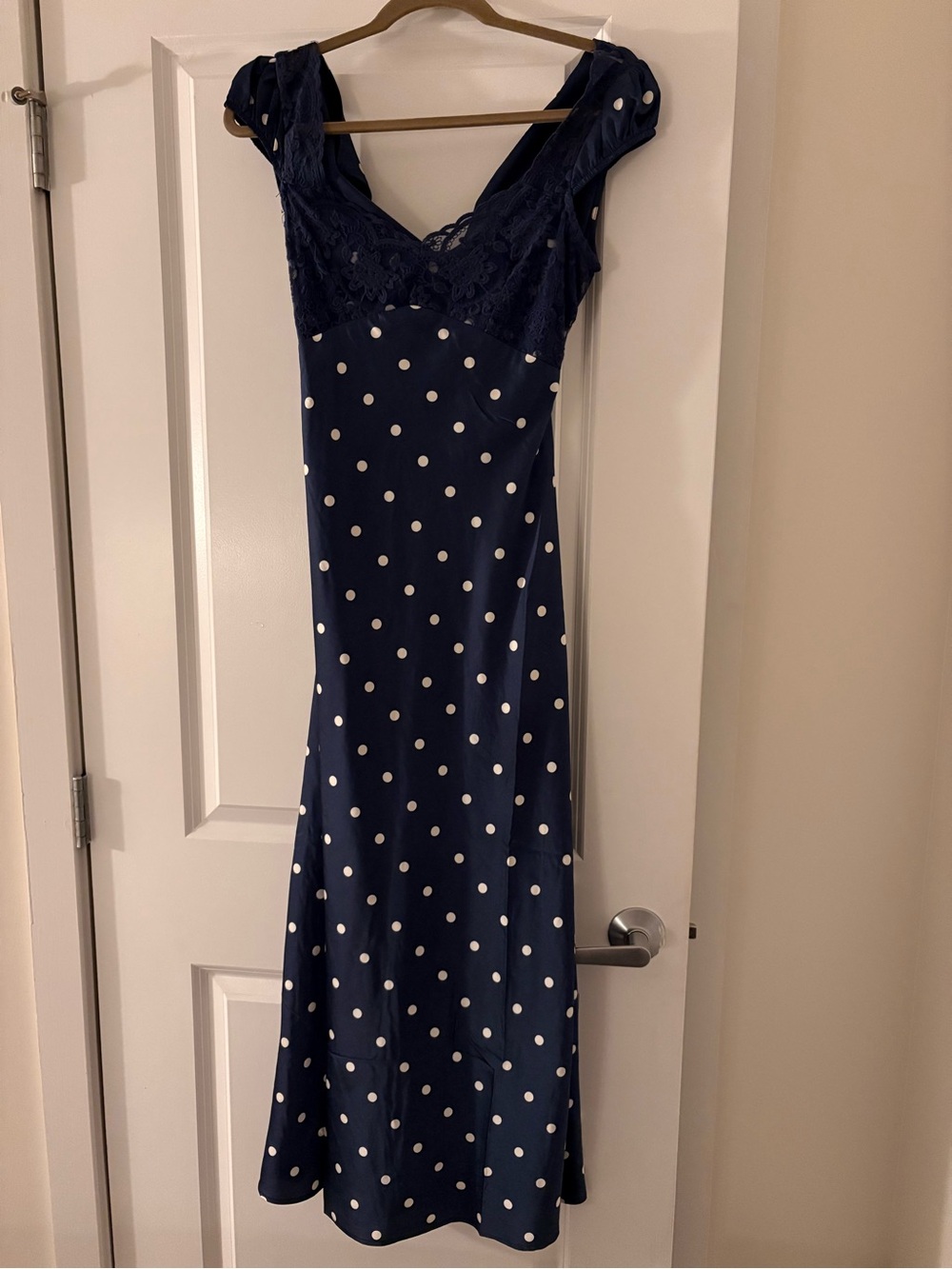 Jessica Simpson Navy and White Polka Dot Lace-Trim Maxi Dress